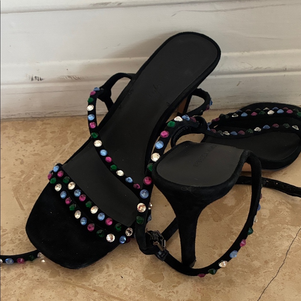 Rebecca Minkoff Black Strappy Heels with Multicolor Gemstones